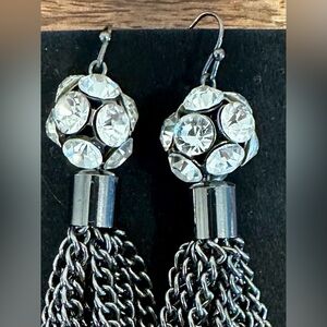 Vintage Gunmetal Rhinestone Tassel Drop Earrings